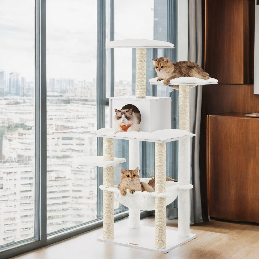 54.3" Modern Cat Tree - Multi-Level Condo with Ultra-Soft Plush, Scratching Posts & Washable Cushions, Cloud White