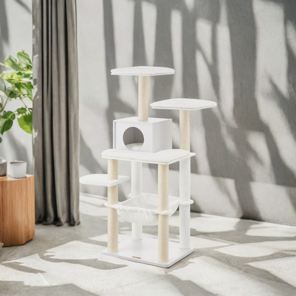 54.3" Modern Cat Tree - Multi-Level Condo with Ultra-Soft Plush, Scratching Posts & Washable Cushions, Cloud White