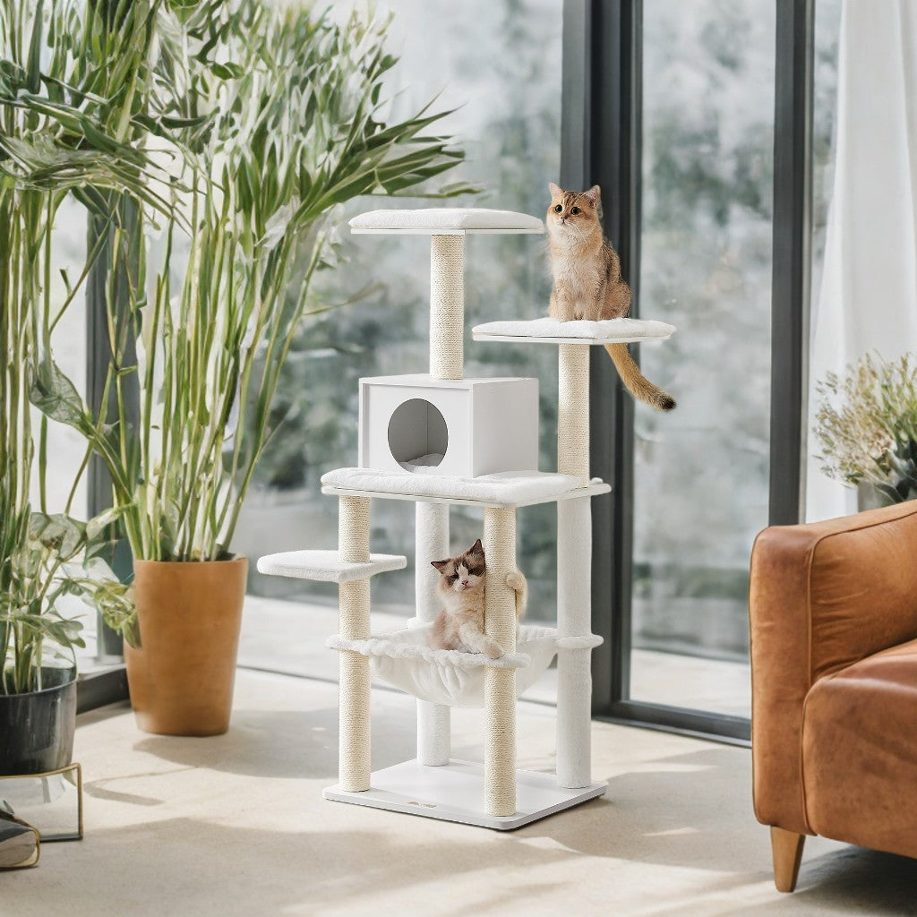 54.3" Modern Cat Tree - Multi-Level Condo with Ultra-Soft Plush, Scratching Posts & Washable Cushions, Cloud White
