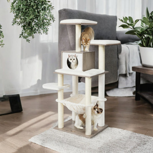 54.3" Modern Cat Tree - Multi-Level Condo with Ultra-Soft Plush, Scratching Posts & Washable Cushions, Heather Greige