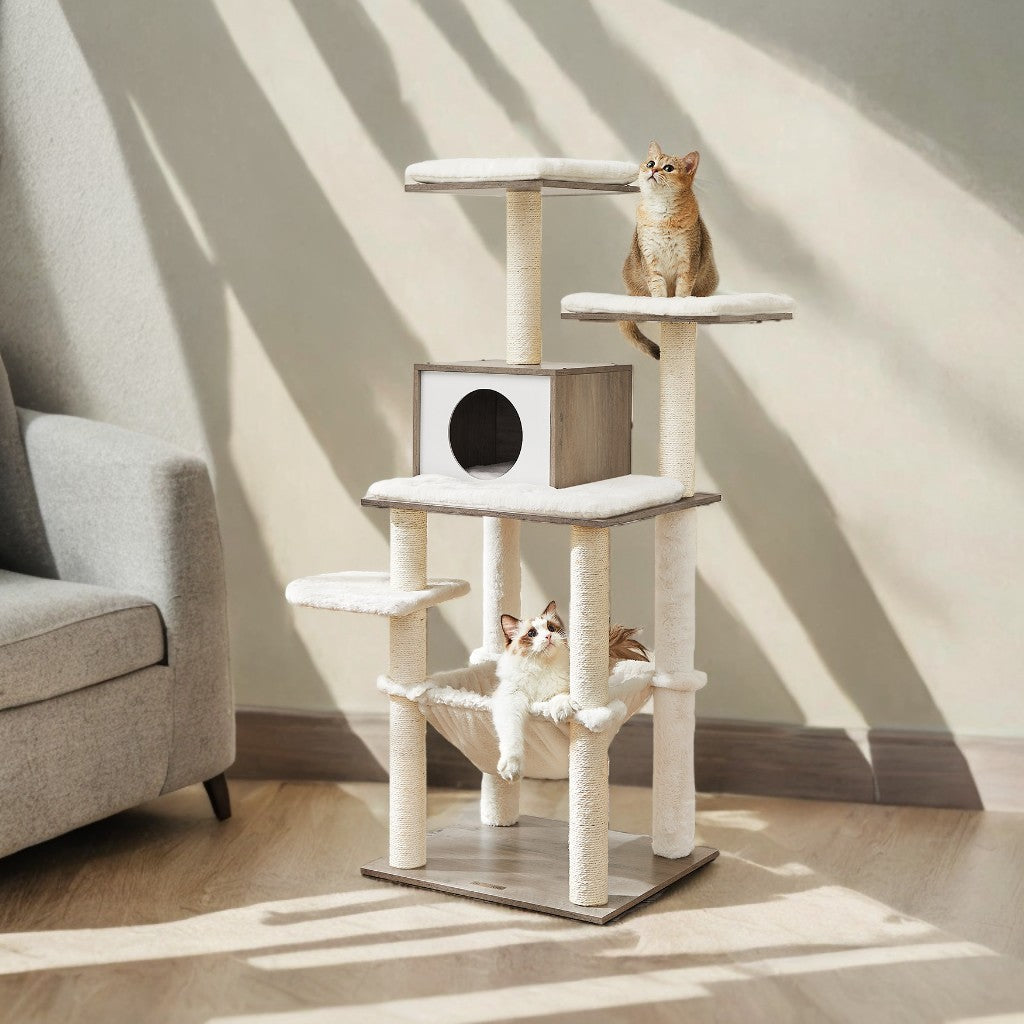 54.3" Modern Cat Tree - Multi-Level Condo with Ultra-Soft Plush, Scratching Posts & Washable Cushions, Heather Greige