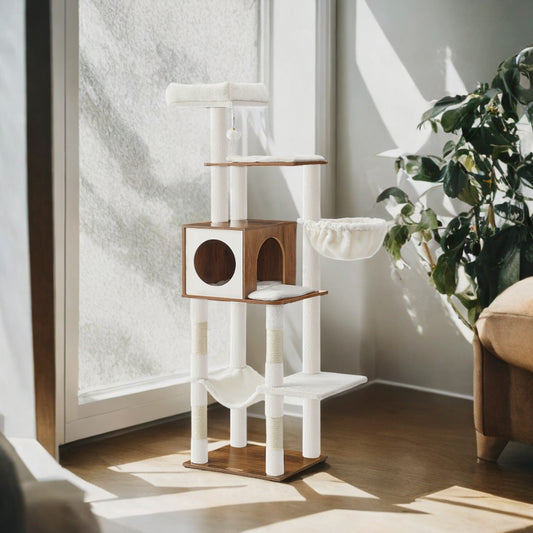 65" Cat Tree Tower - Multi-Level Cat Condo with Cave, Hammock & Scratching Posts, Washable Cushions, Honey Brown