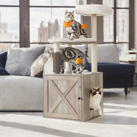 Modern Cat Tree with Litter Box Enclosure - 52.8" 2-in-1 Cat Tower with Self-Groomer, Scratching Posts & Washable Cushions, Greige