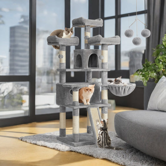 Large Cat Tree Tower - 66.5" Multi-Level Cat Condo with 2 Caves, 3 Plush Perches & Scratching Posts, Activity Center, Light Gray