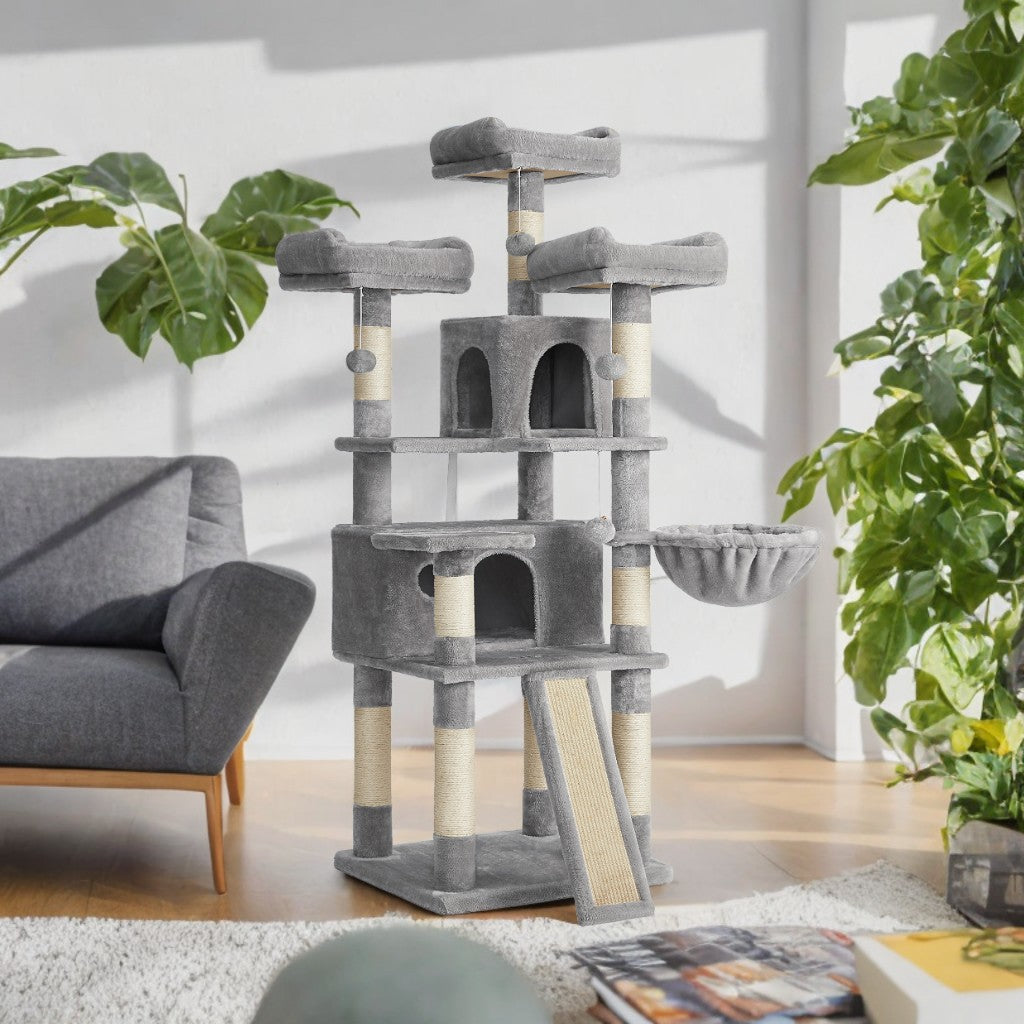 Large Cat Tree Tower - 66.5" Multi-Level Cat Condo with 2 Caves, 3 Plush Perches & Scratching Posts, Activity Center, Light Gray