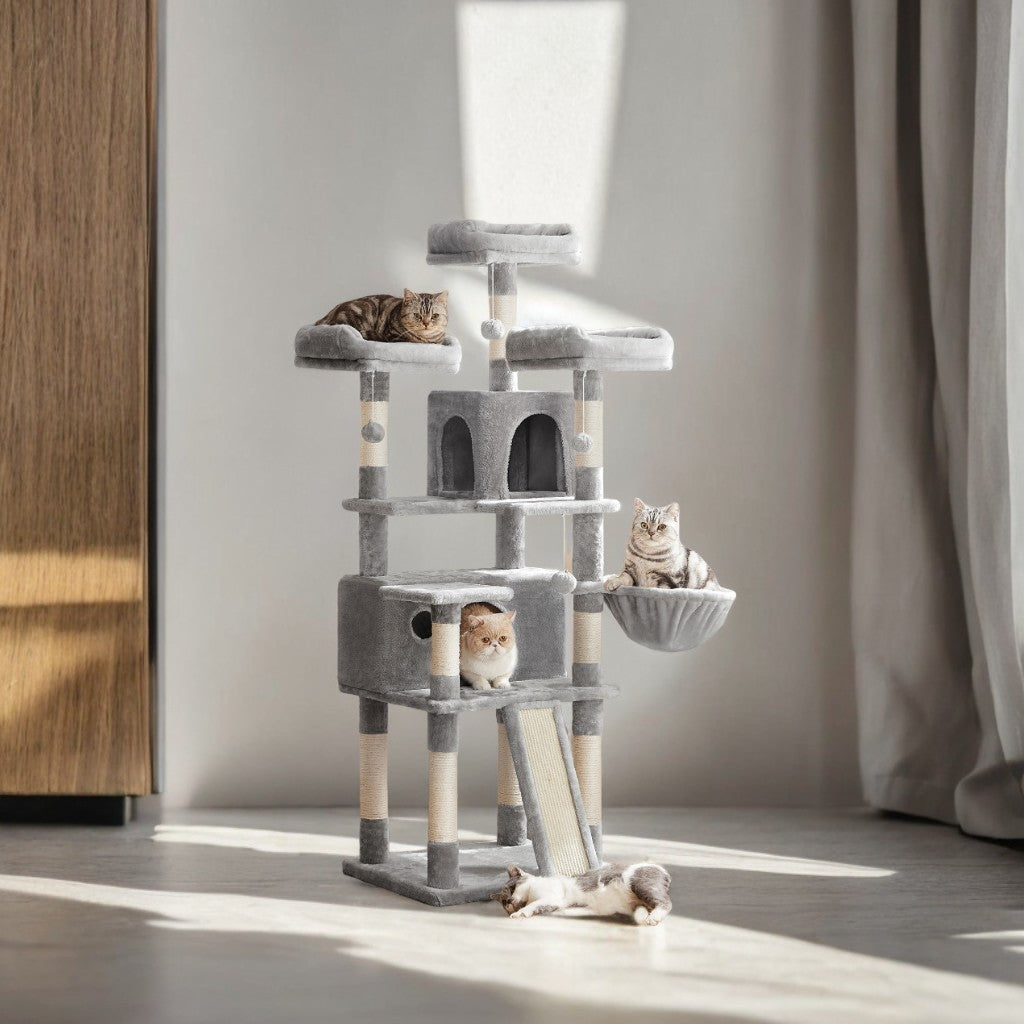 Large Cat Tree Tower - 66.5" Multi-Level Cat Condo with 2 Caves, 3 Plush Perches & Scratching Posts, Activity Center, Light Gray