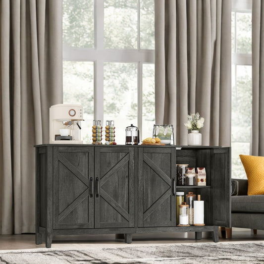 Farmhouse Storage Cabinet - 4-Door Sideboard with Adjustable Shelves, Cable Management & Anti-Tip Kit, Charcoal Gray