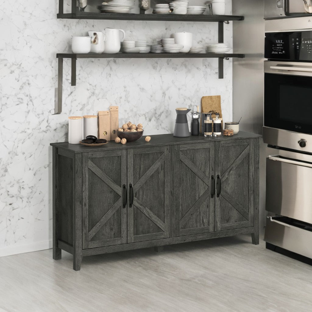 Farmhouse Storage Cabinet - 4-Door Sideboard with Adjustable Shelves, Cable Management & Anti-Tip Kit, Charcoal Gray