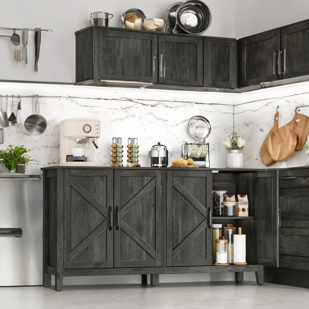 Farmhouse Storage Cabinet - 4-Door Sideboard with Adjustable Shelves, Cable Management & Anti-Tip Kit, Charcoal Gray
