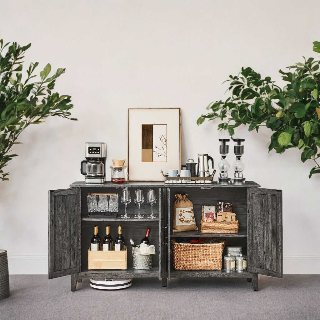 Farmhouse Storage Cabinet - 4-Door Sideboard with Adjustable Shelves, Cable Management & Anti-Tip Kit, Charcoal Gray