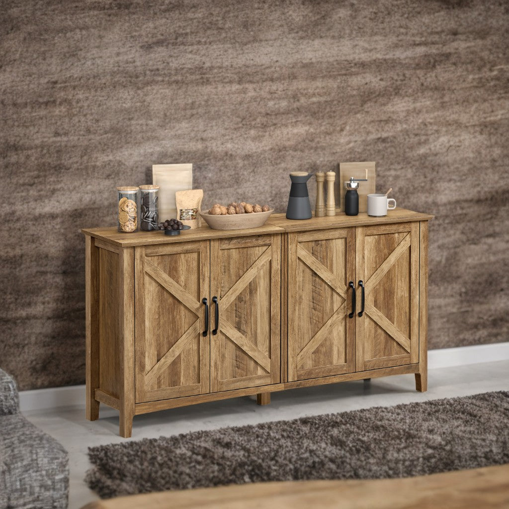 Farmhouse Storage Cabinet - 4-Door Sideboard with Adjustable Shelves, Cable Management, Elevated Design, Honey Brown