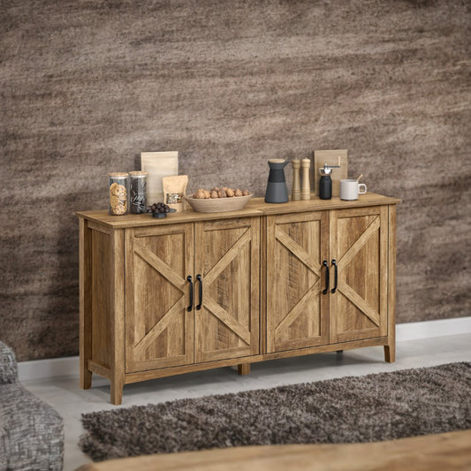 Farmhouse Storage Cabinet - 4-Door Sideboard with Adjustable Shelves, Cable Management, Elevated Design, Honey Brown