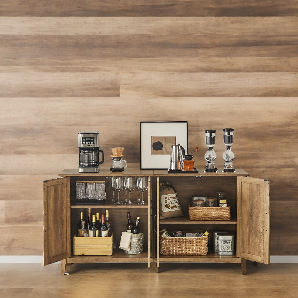 Farmhouse Storage Cabinet - 4-Door Sideboard with Adjustable Shelves, Cable Management, Elevated Design, Honey Brown