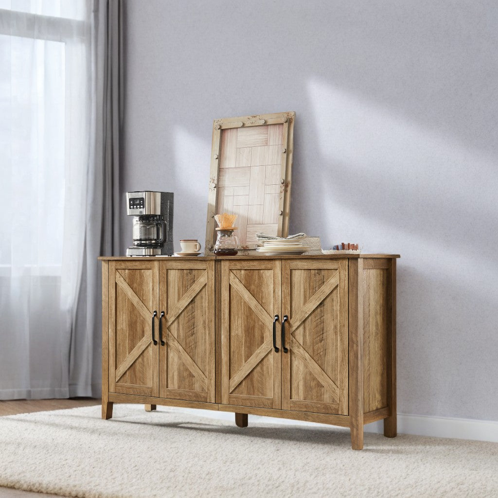 Farmhouse Storage Cabinet - 4-Door Sideboard with Adjustable Shelves, Cable Management, Elevated Design, Honey Brown