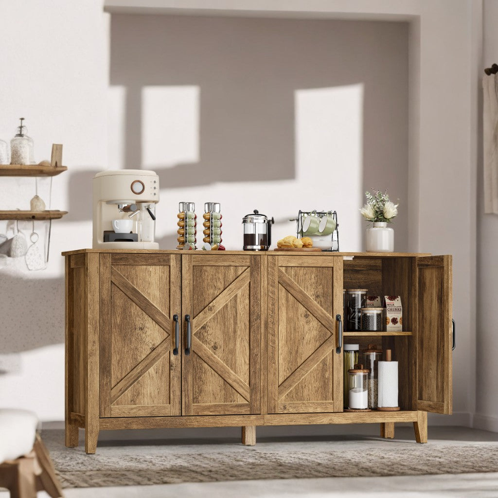 Farmhouse Storage Cabinet - 4-Door Sideboard with Adjustable Shelves, Cable Management, Elevated Design, Honey Brown