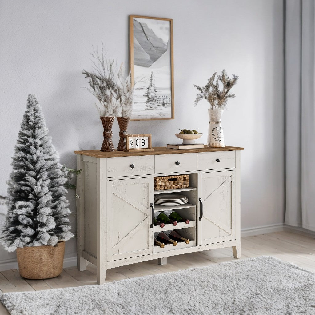 Farmhouse Coffee Bar Cabinet with 3 Drawers - Adjustable Shelf Storage, Multi-Functional Sideboard, Rustic White and Honey Brown