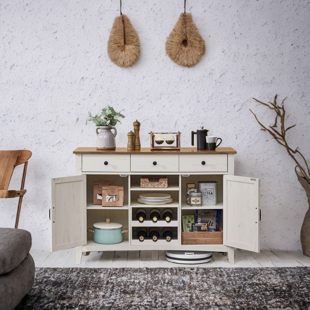Farmhouse Coffee Bar Cabinet with 3 Drawers - Adjustable Shelf Storage, Multi-Functional Sideboard, Rustic White and Honey Brown