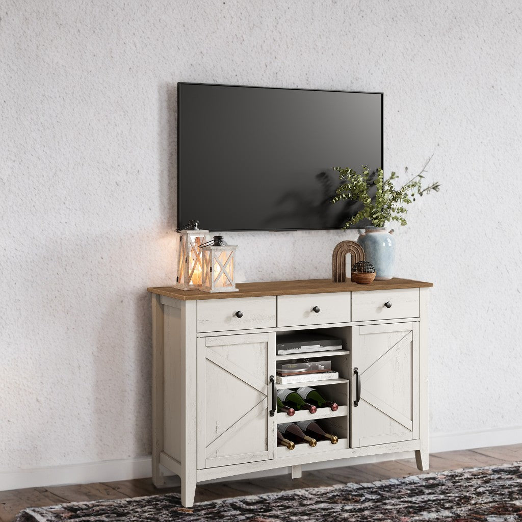 Farmhouse Coffee Bar Cabinet with 3 Drawers - Adjustable Shelf Storage, Multi-Functional Sideboard, Rustic White and Honey Brown