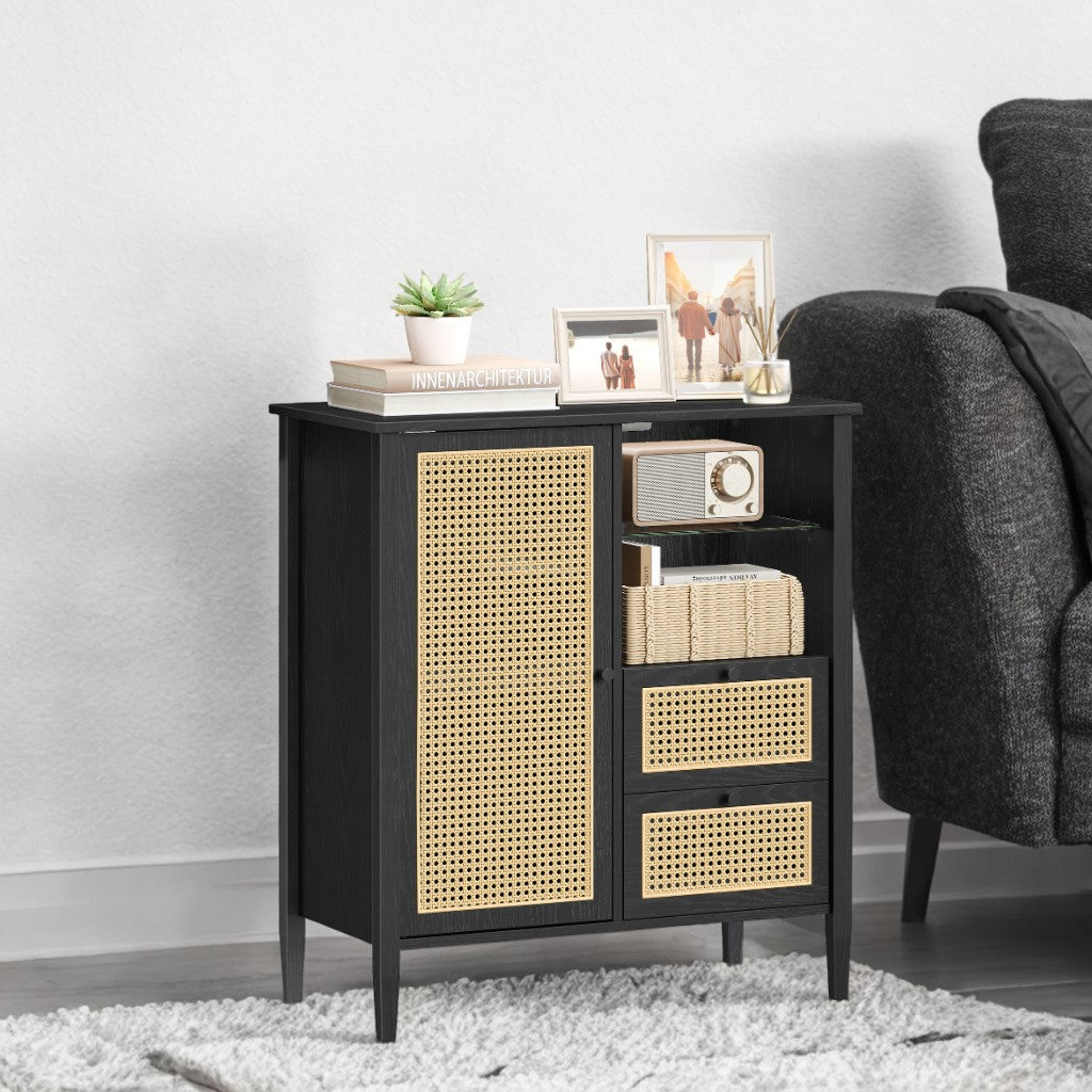 Boho Sideboard Cabinet with Rattan Doors - 2 Drawers, Adjustable Shelves & Cable Management, Multi-Functional Storage, Ink Black