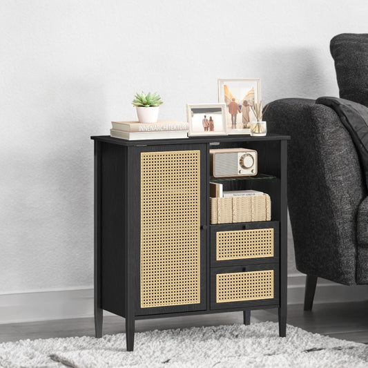 Boho Sideboard Cabinet with Rattan Doors - 2 Drawers, Adjustable Shelves & Cable Management, Multi-Functional Storage, Ink Black