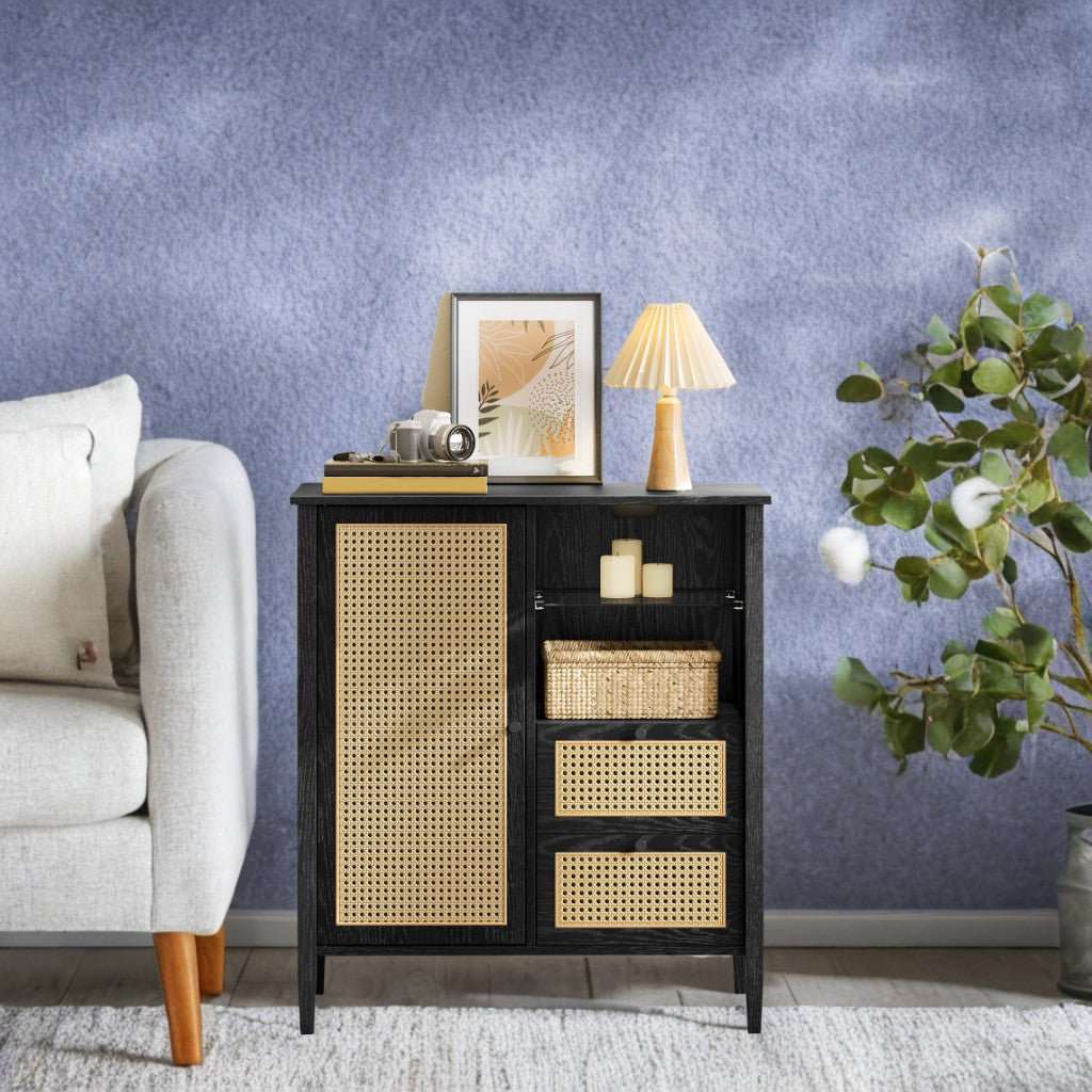 Boho Sideboard Cabinet with Rattan Doors - 2 Drawers, Adjustable Shelves & Cable Management, Multi-Functional Storage, Ink Black