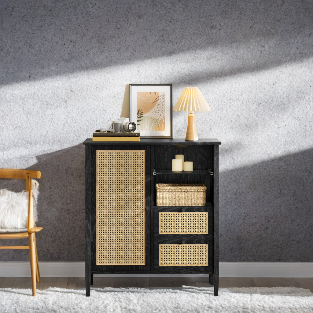 Boho Sideboard Cabinet with Rattan Doors - 2 Drawers, Adjustable Shelves & Cable Management, Multi-Functional Storage, Ink Black