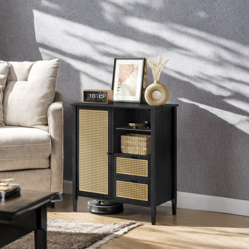 Boho Sideboard Cabinet with Rattan Doors - 2 Drawers, Adjustable Shelves & Cable Management, Multi-Functional Storage, Ink Black