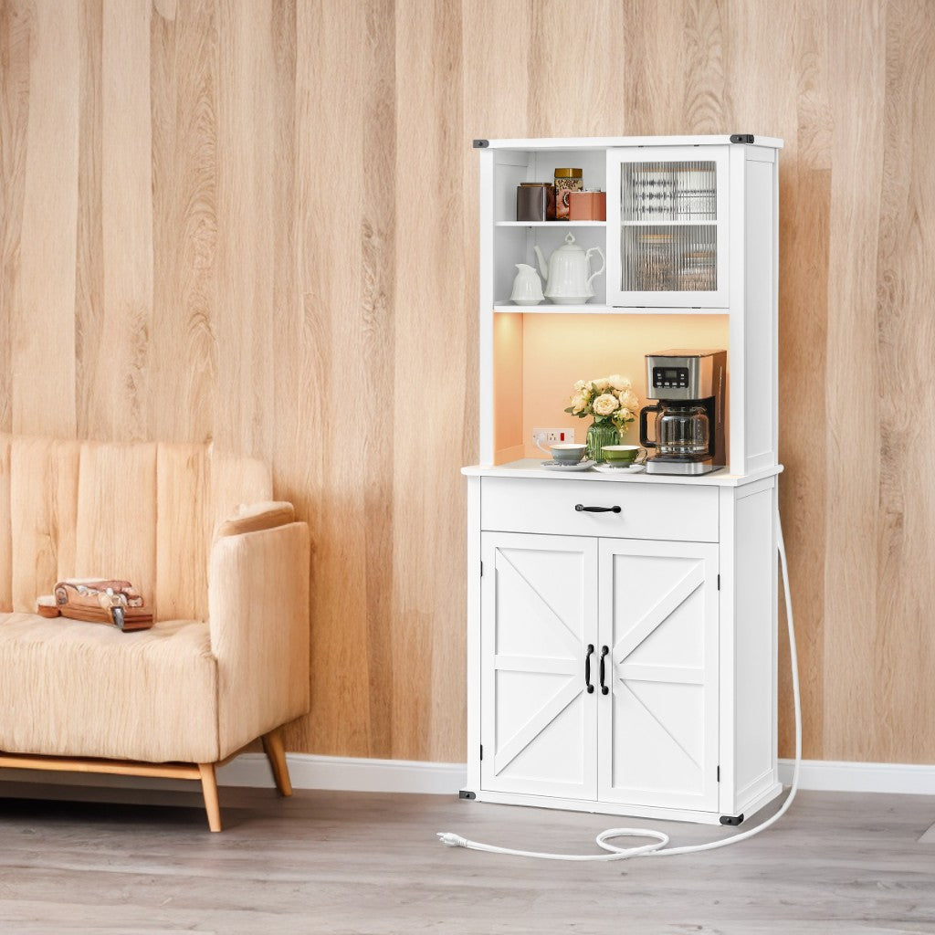 Farmhouse Kitchen Pantry Cabinet with Lights & Charging - 71" Storage Organizer, Adjustable Shelves, Coffee Bar Station, Cloud White