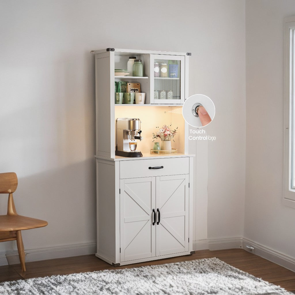 Farmhouse Kitchen Pantry Cabinet with Lights & Charging - 71" Storage Organizer, Adjustable Shelves, Coffee Bar Station, Cloud White