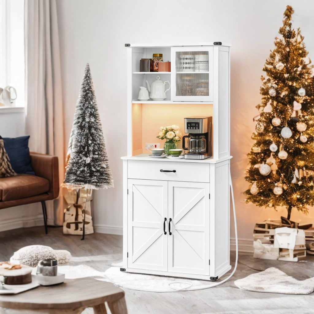 Farmhouse Kitchen Pantry Cabinet with Lights & Charging - 71" Storage Organizer, Adjustable Shelves, Coffee Bar Station, Cloud White