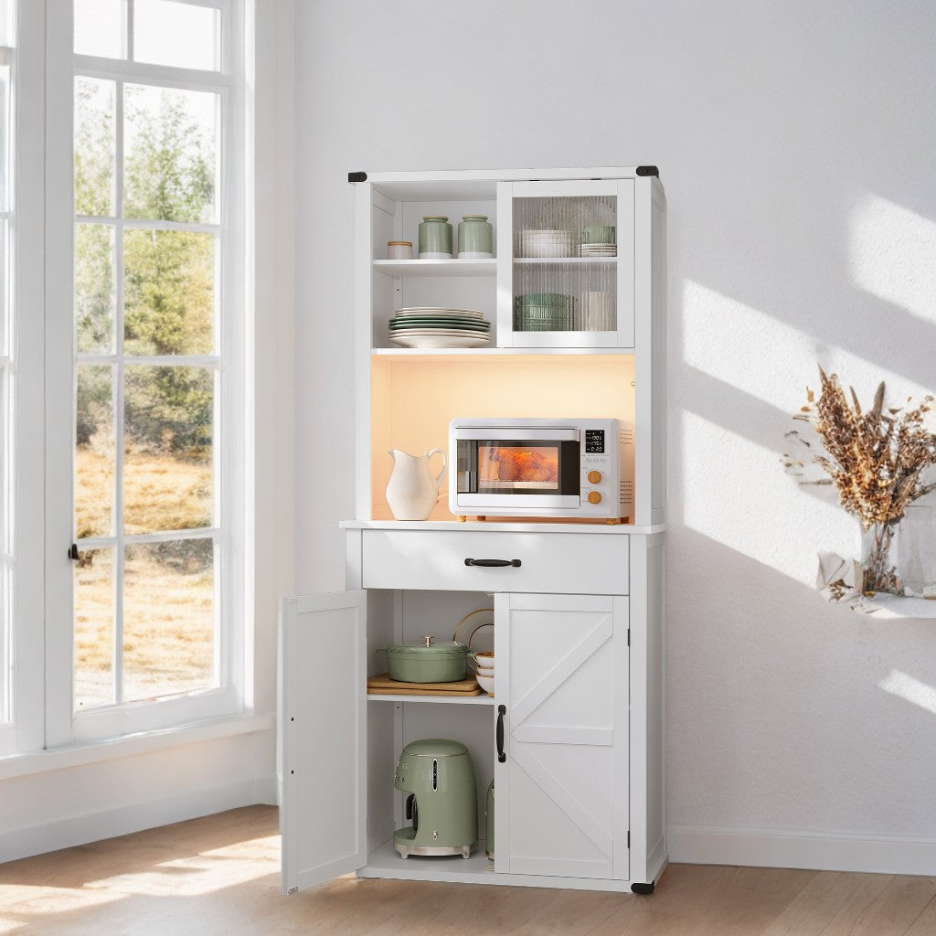 Farmhouse Kitchen Pantry Cabinet with Lights & Charging - 71" Storage Organizer, Adjustable Shelves, Coffee Bar Station, Cloud White