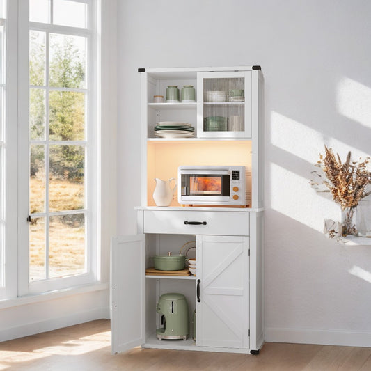 Farmhouse Kitchen Pantry Cabinet with Lights & Charging - 71" Storage Organizer, Adjustable Shelves, Coffee Bar Station, Cloud White