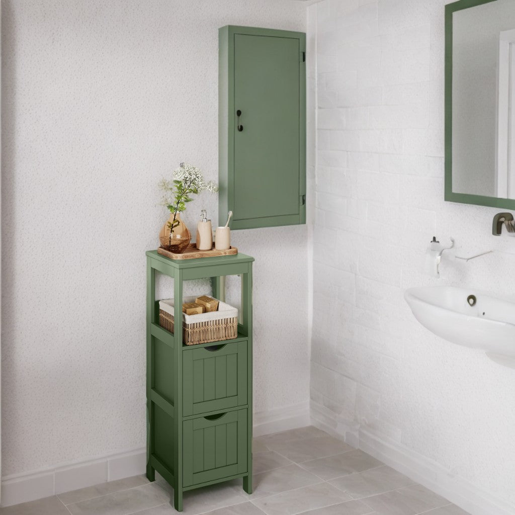 Corner Bathroom Cabinet with 2 Drawers & Open Shelf - 35" Tall Storage Organizer, Freestanding Design, Forest Green
