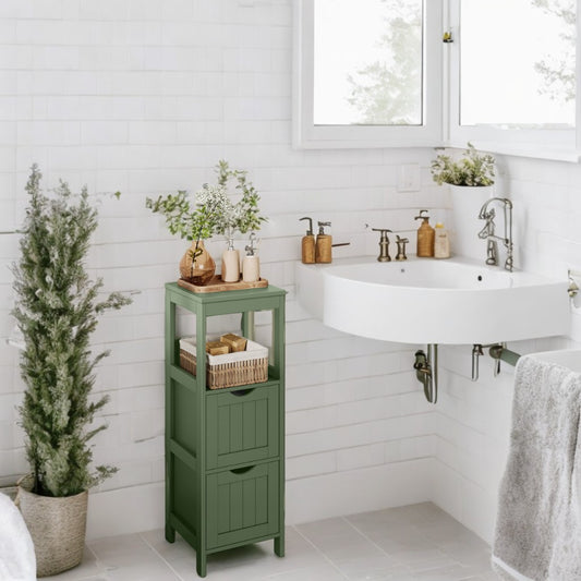 Corner Bathroom Cabinet with 2 Drawers & Open Shelf - 35" Tall Storage Organizer, Freestanding Design, Forest Green