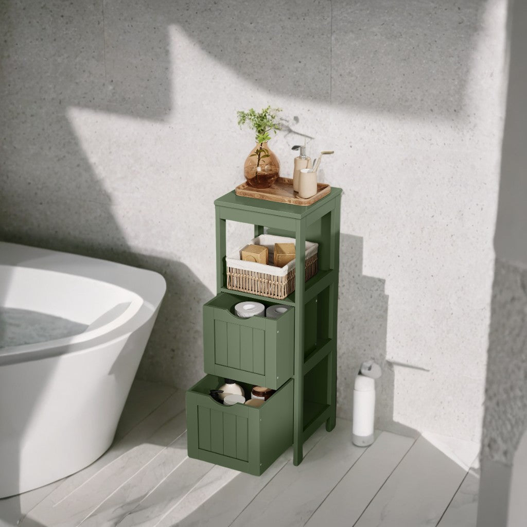 Corner Bathroom Cabinet with 2 Drawers & Open Shelf - 35" Tall Storage Organizer, Freestanding Design, Forest Green