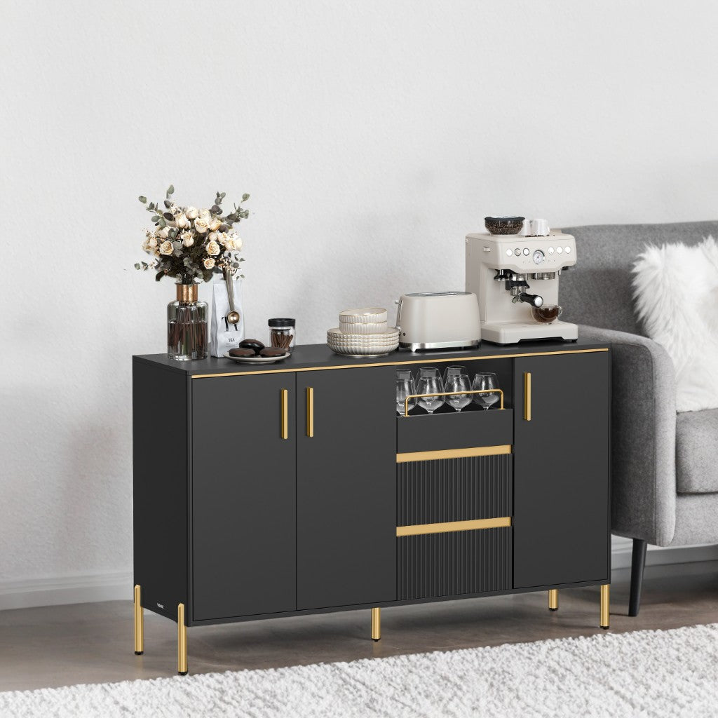 Modern Buffet Cabinet with Fluted Drawers - 2 Drawers, Adjustable Shelves & Tray, Storage Sideboard with Cable Management, Ink Black