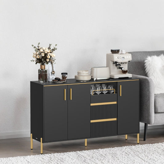 Modern Buffet Cabinet with Fluted Drawers - 2 Drawers, Adjustable Shelves & Tray, Storage Sideboard with Cable Management, Ink Black
