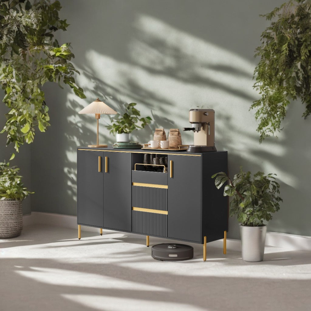 Modern Buffet Cabinet with Fluted Drawers - 2 Drawers, Adjustable Shelves & Tray, Storage Sideboard with Cable Management, Ink Black