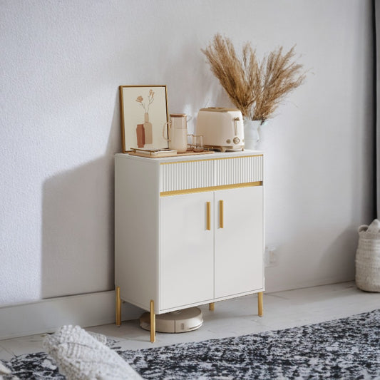 Modern Buffet Cabinet with Fluted Drawers - 2 Drawers & Adjustable Shelf, Storage Sideboard with Cable Management, Cloud White