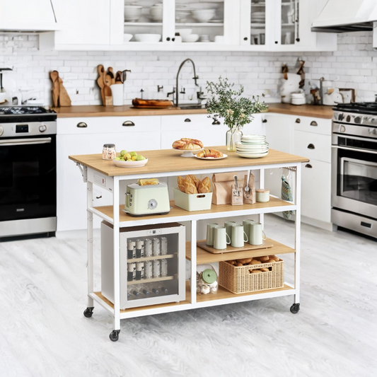 Kitchen Island Cart with Extendable Worktop - 47.2" Wide, Power Strip, Adjustable Shelf & Pegboard, Locking Wheels, Golden Oak and White