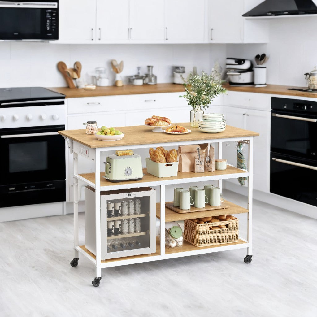 Kitchen Island Cart with Extendable Worktop - 47.2" Wide, Power Strip, Adjustable Shelf & Pegboard, Locking Wheels, Golden Oak and White