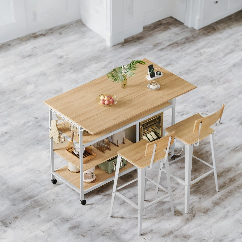Kitchen Island Cart with Extendable Worktop - 47.2" Wide, Power Strip, Adjustable Shelf & Pegboard, Locking Wheels, Golden Oak and White