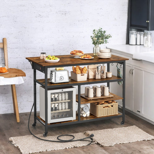 Kitchen Island Cart with Drop Leaf & Power Strip - 47.2" Extendable Worktop, Adjustable Shelf, Locking Wheels, Rustic Brown and Black