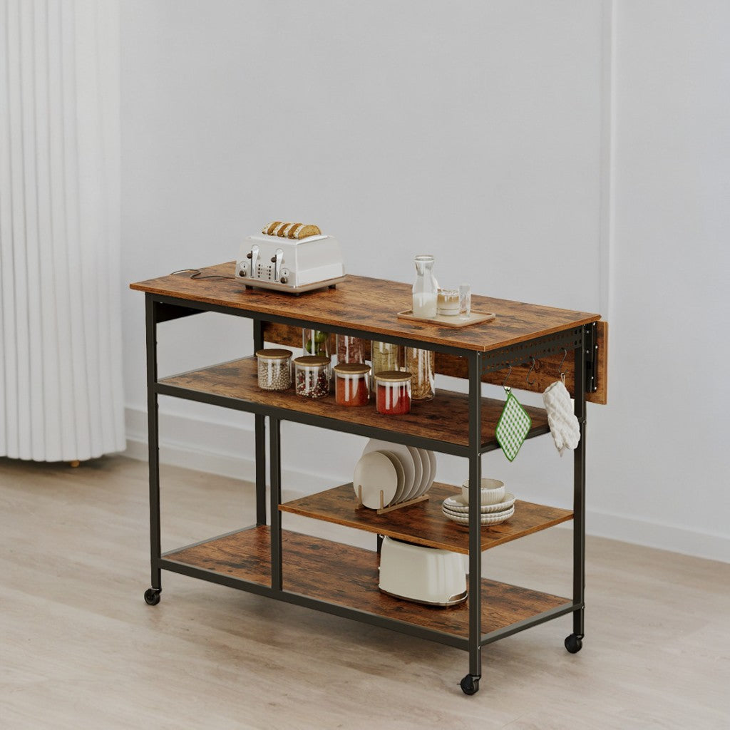 Kitchen Island Cart with Drop Leaf & Power Strip - 47.2" Extendable Worktop, Adjustable Shelf, Locking Wheels, Rustic Brown and Black