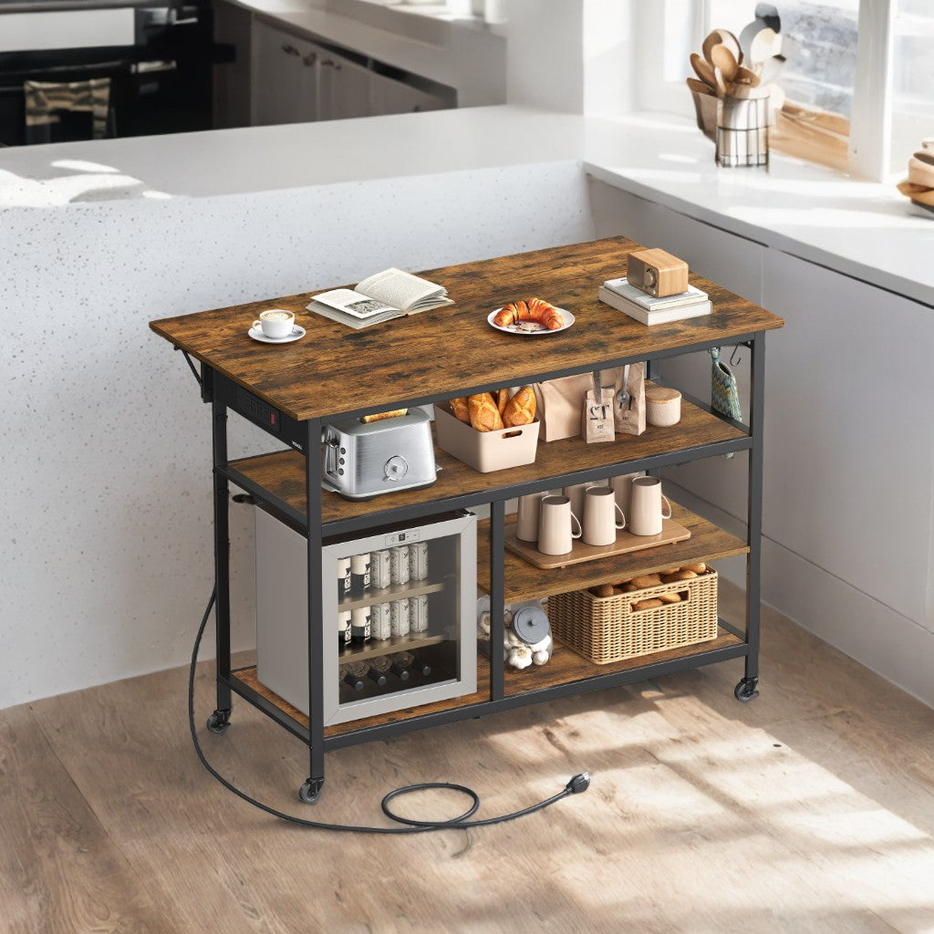 Kitchen Island Cart with Drop Leaf & Power Strip - 47.2" Extendable Worktop, Adjustable Shelf, Locking Wheels, Rustic Brown and Black