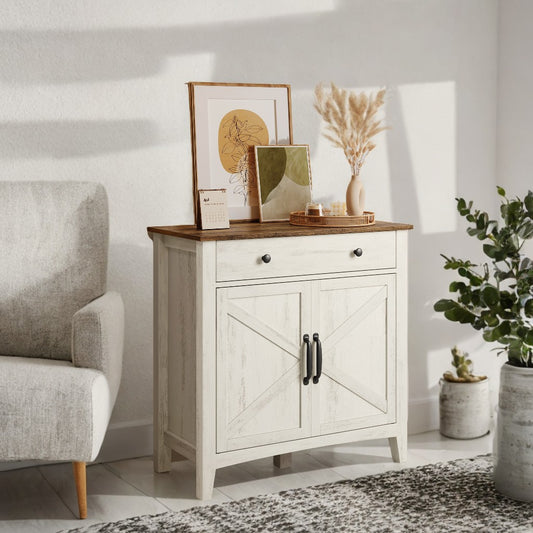 Farmhouse Sideboard Cabinet with Adjustable Shelf & Drawer Organizer, Multi-Functional Storage Unit for Living, Dining Room, Rustic White and Honey Brown