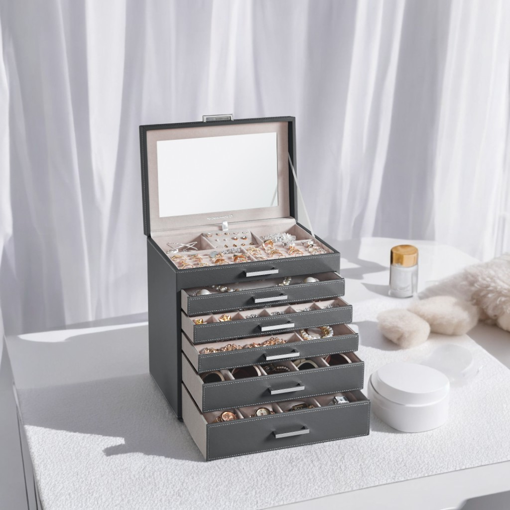 6-Tier Jewelry Organizer with Full-Size Mirror, 5 Velvet-Lined Drawers, Large Capacity Storage Case, Luxury Gift Box for Women, Gray
