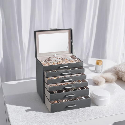 6-Tier Jewelry Organizer with Full-Size Mirror, 5 Velvet-Lined Drawers, Large Capacity Storage Case, Luxury Gift Box for Women, Gray