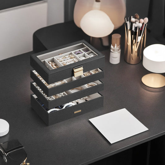 4-Tier Stackable Jewelry Organizer with Glass Lid, Adjustable Dividers, Modular Drawers for Vanity/Dresser, Gift Ready, Ink Black
