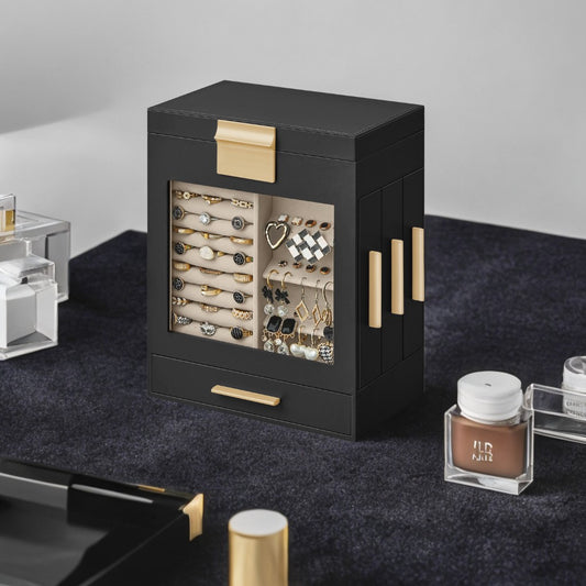 5-Layer Jewelry Organizer with Glass Display & 3 Modular Drawers, Hanging Storage System with Full Mirror, Modern Jewelry Case, Ink Black and Metallic Gold